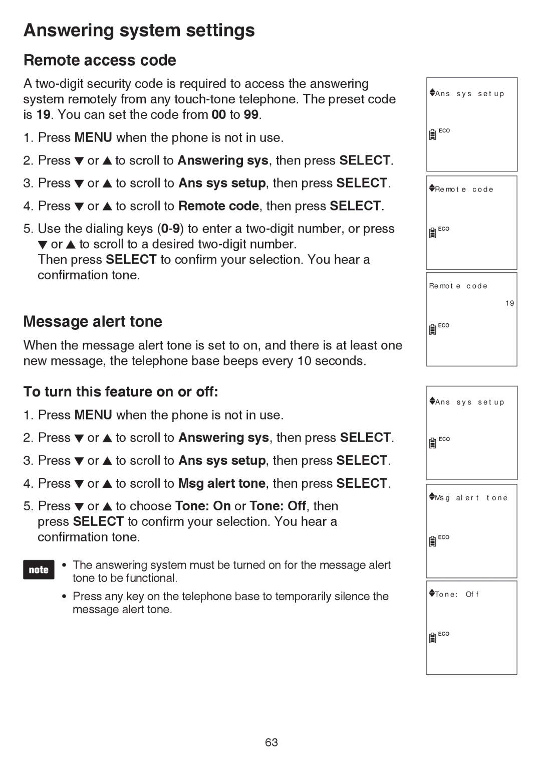 VTech dect 6.0 user manual Remote access code, Message alert tone 