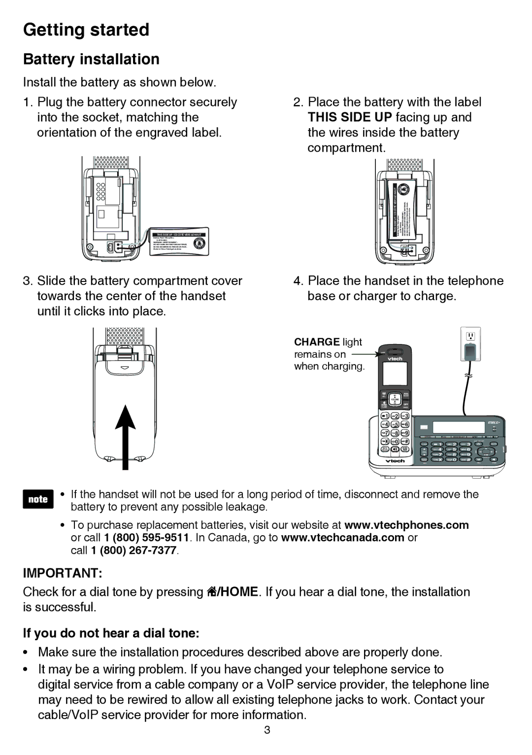 VTech dect 6.0 user manual Battery installation, If you do not hear a dial tone 