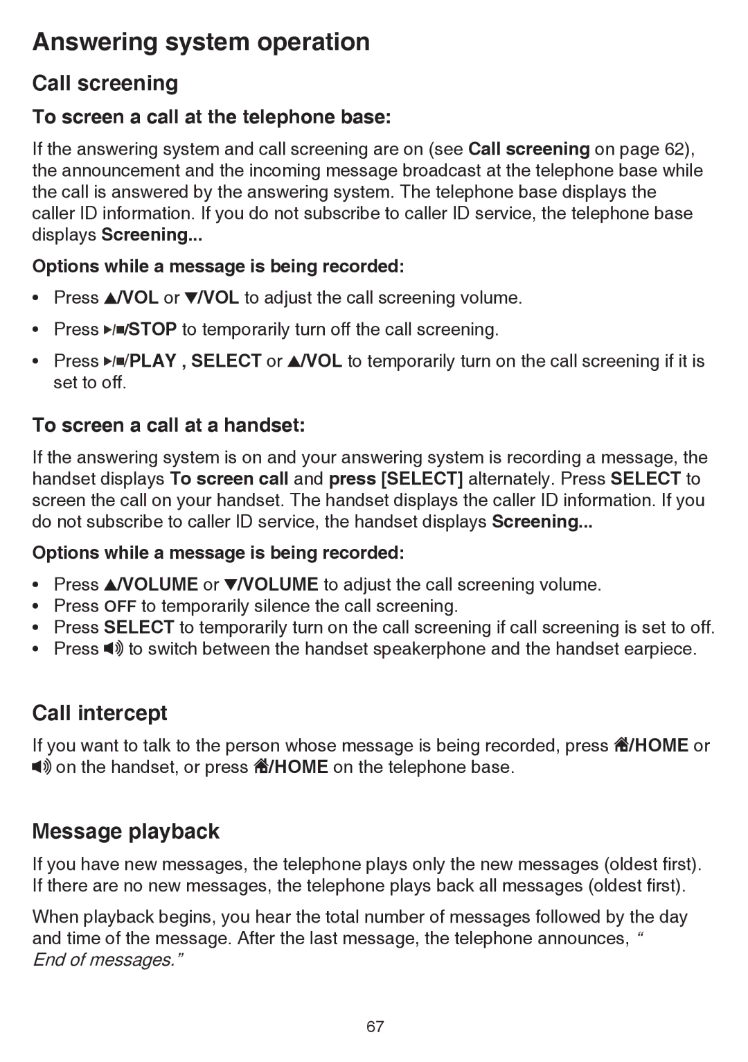 VTech dect 6.0 Call intercept, Message playback, To screen a call at the telephone base, To screen a call at a handset 