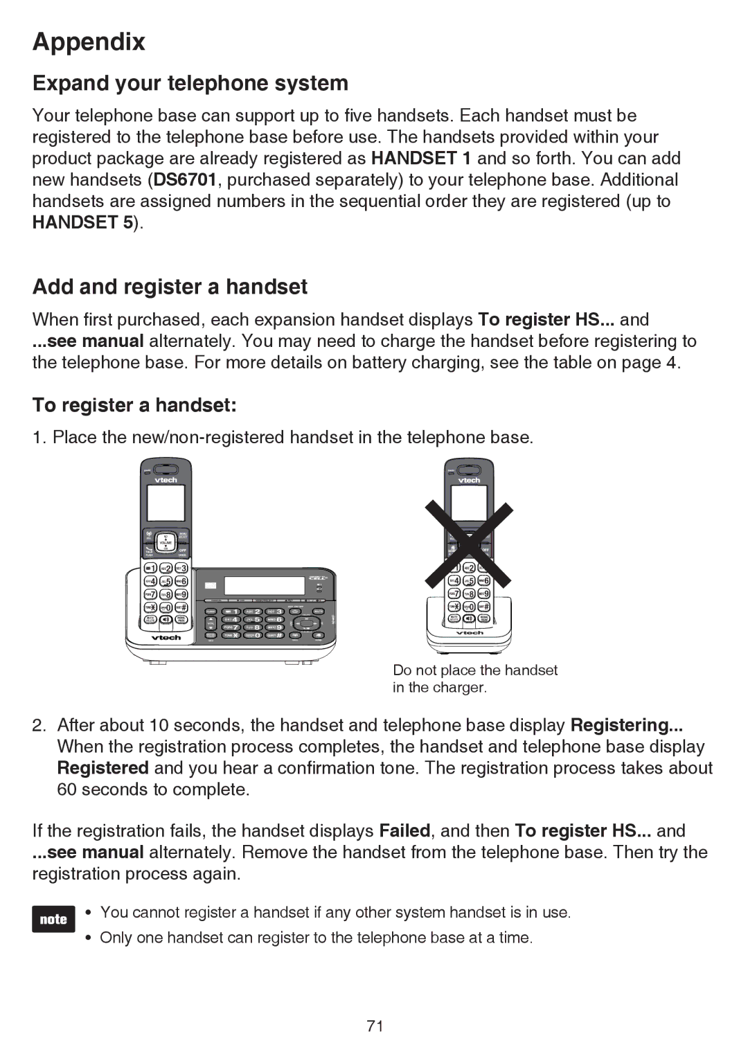 VTech dect 6.0 user manual Appendix, Expand your telephone system, Add and register a handset, To register a handset 