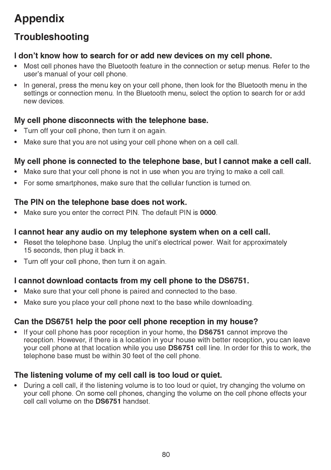 VTech dect 6.0 user manual My cell phone disconnects with the telephone base, PIN on the telephone base does not work 