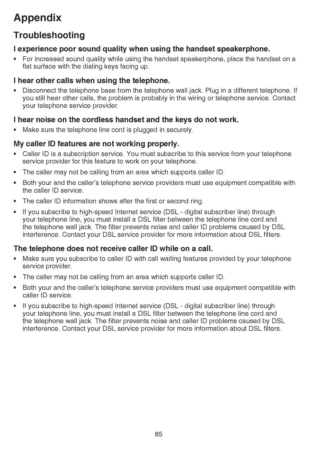 VTech dect 6.0 Hear other calls when using the telephone, Hear noise on the cordless handset and the keys do not work 