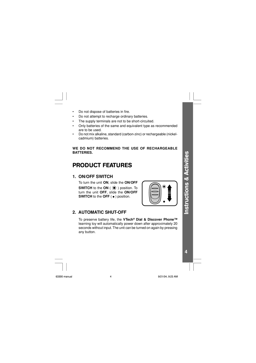 VTech Dial & Discover Phone user manual Product Features, ON/OFF Switch, Automatic SHUT-OFF 