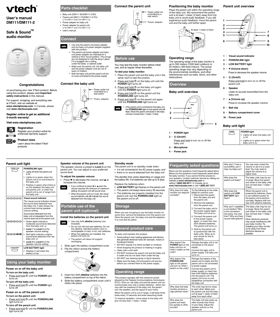 VTech DM111-2 user manual Parts checklist, Connect, Before use, Overview, Frequently asked questions, Storage 