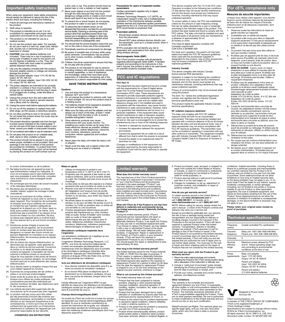 VTech DM111-2 user manual Important safety instructions, FCC and IC regulations, For cETL compliance only, Limited warranty 