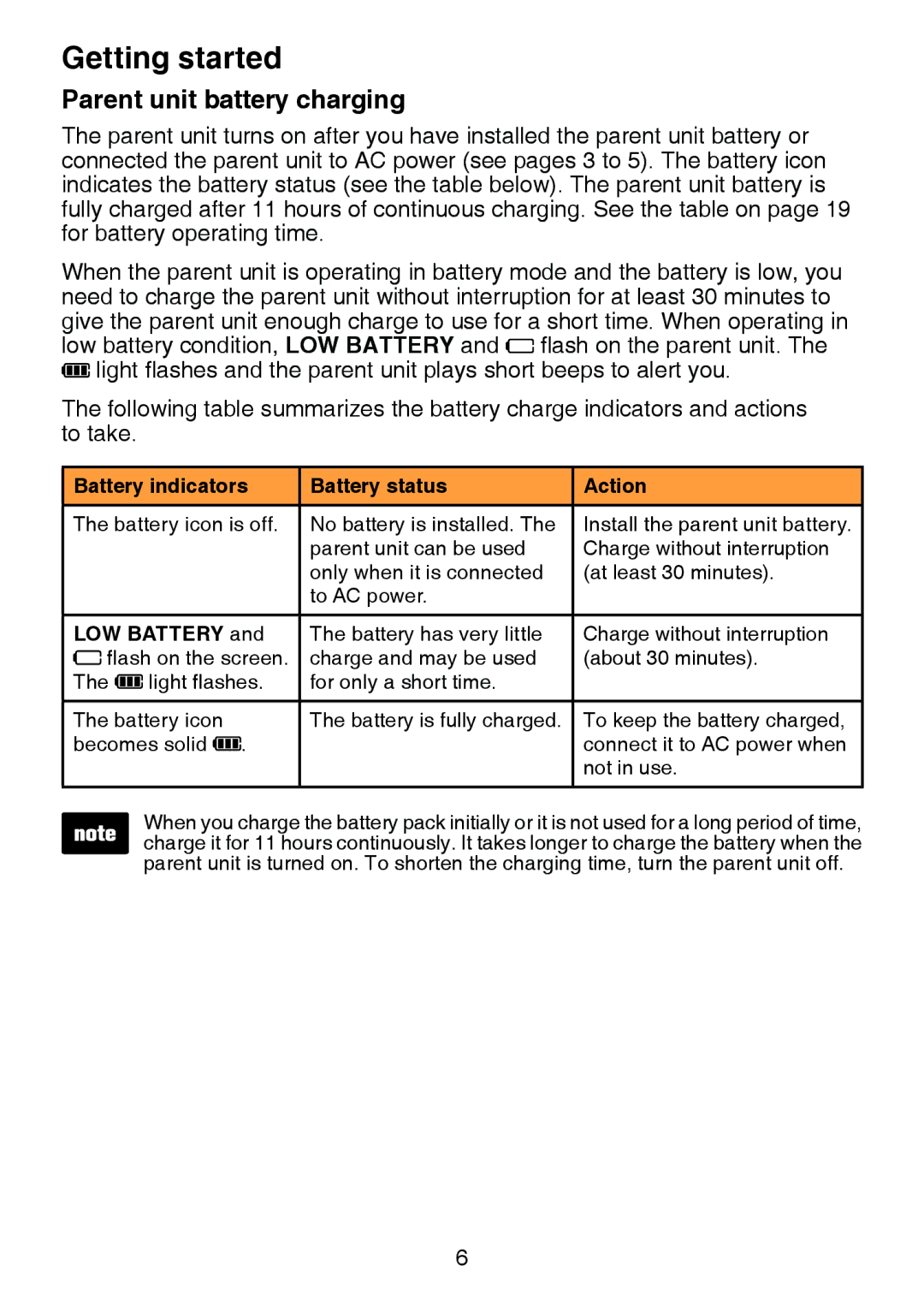 VTech DM221-2 user manual Parent unit battery charging, Battery indicators Battery status Action, LOW Battery 