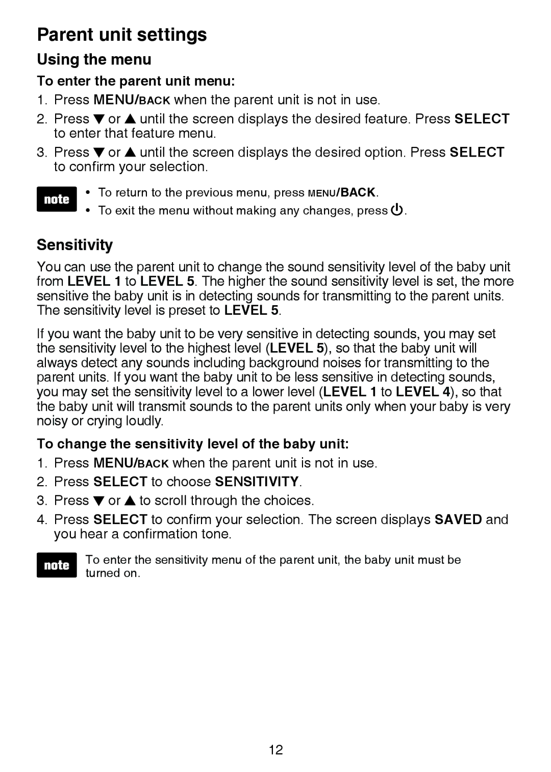 VTech DM221-2 user manual Parent unit settings, Using the menu, Sensitivity 