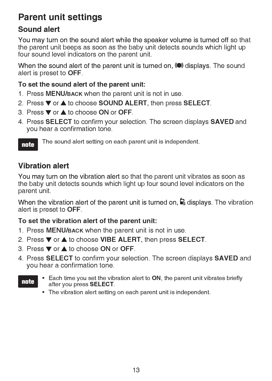 VTech DM221-2 user manual Sound alert, Vibration alert, To set the sound alert of the parent unit 