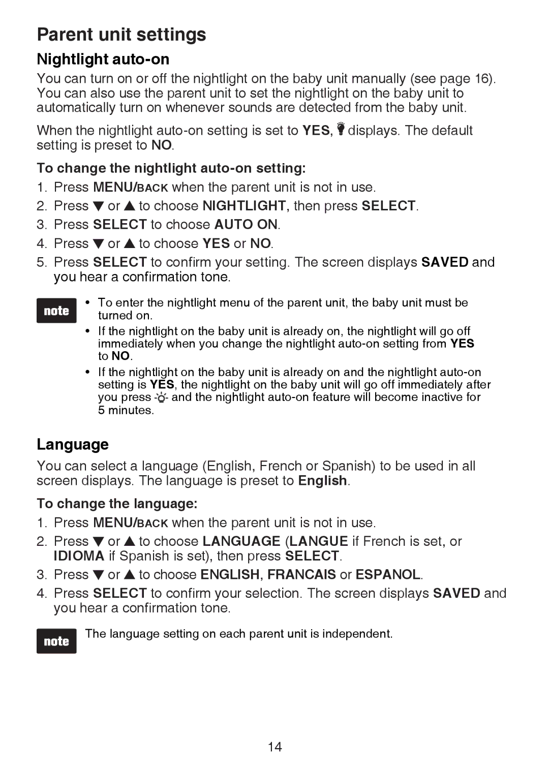 VTech DM221-2 user manual Nightlight auto-on, Language, To change the nightlight auto-on setting, To change the language 