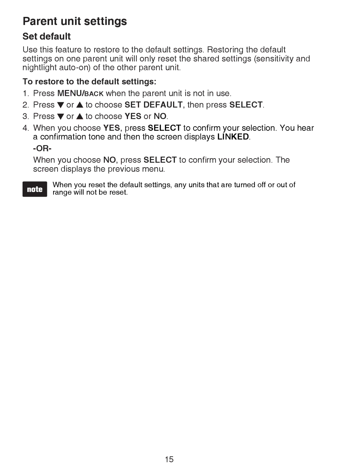 VTech DM221-2 user manual Set default, To restore to the default settings 