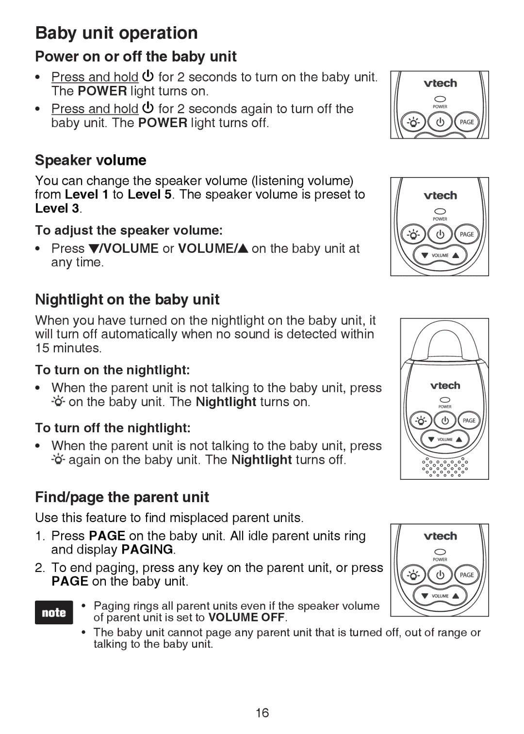 VTech DM221-2 Baby unit operation, Power on or off the baby unit, Speaker volume, Nightlight on the baby unit 