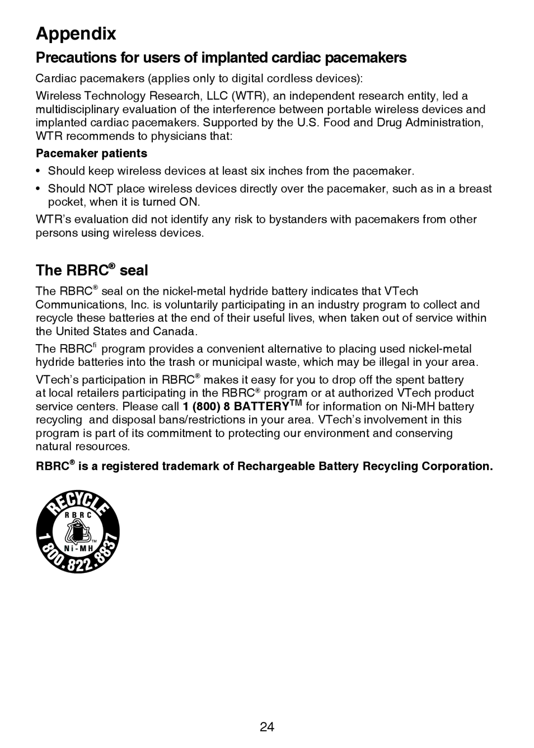 VTech DM221-2 user manual Precautions for users of implanted cardiac pacemakers, Rbrc seal, Pacemaker patients 