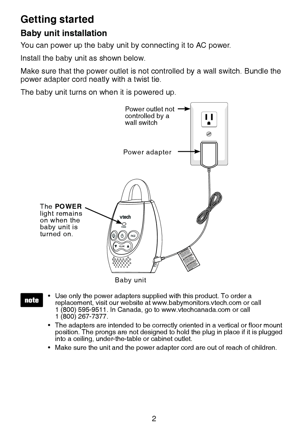 VTech DM221-2 user manual Baby unit installation, Power light remains on when the baby unit is turned on 