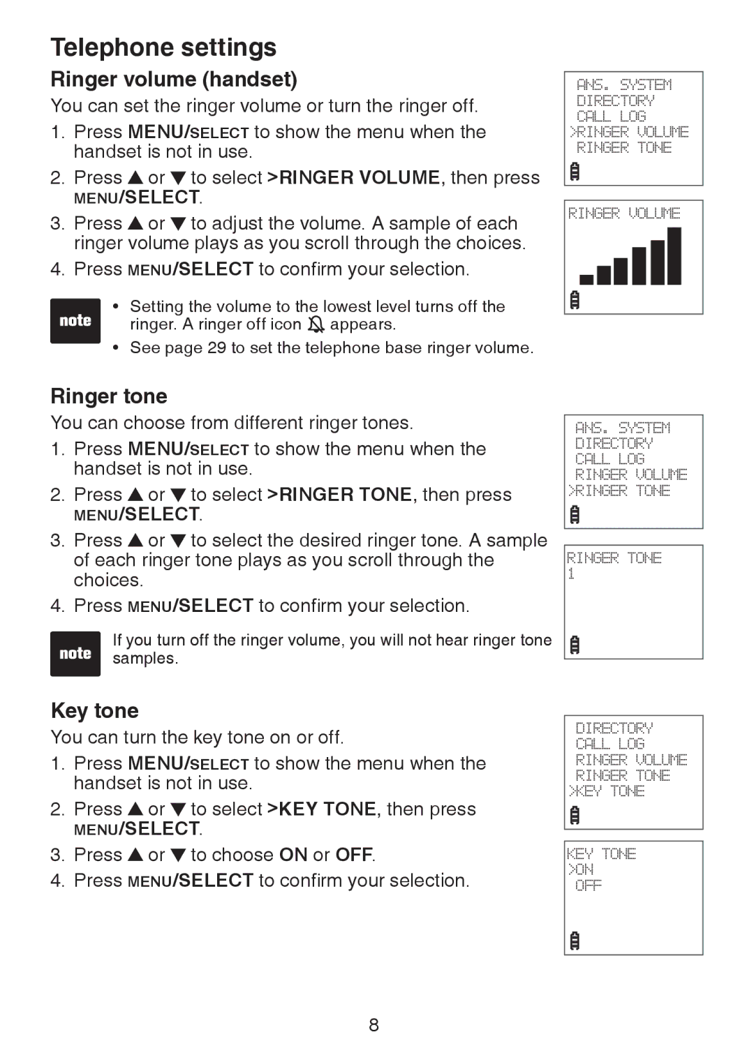 VTech DS221-2, DS221-3, DS6221-5, DS6222-4, DS6222-5 Telephone settings, Ringer volume handset, Ringer tone, Key tone 