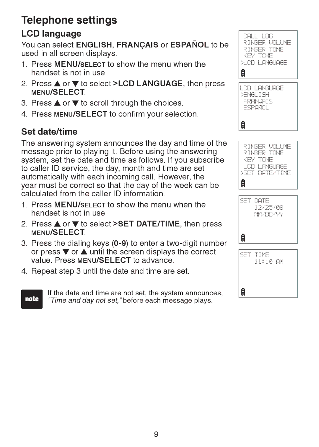 VTech DS6221-4, DS221-2, DS221-3, DS6221-5, DS6222-4, DS6222-5 user manual LCD language, Set date/time 