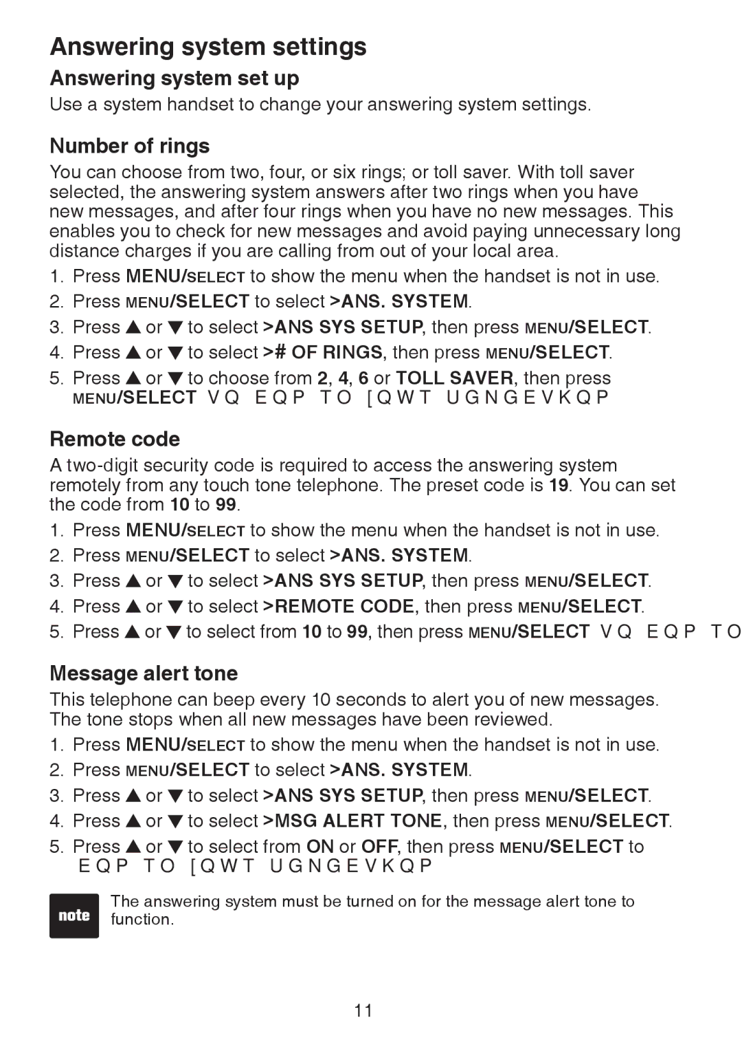 VTech DS221-3, DS6221 Answering system settings, Answering system set up, Number of rings, Remote code, Message alert tone 