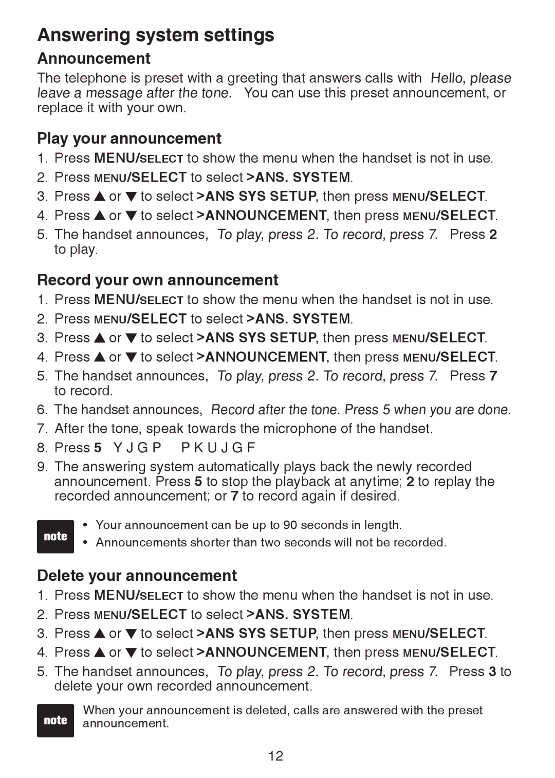 VTech DS6221-5, DS221-2 Announcement, Play your announcement, Record your own announcement, Delete your announcement 