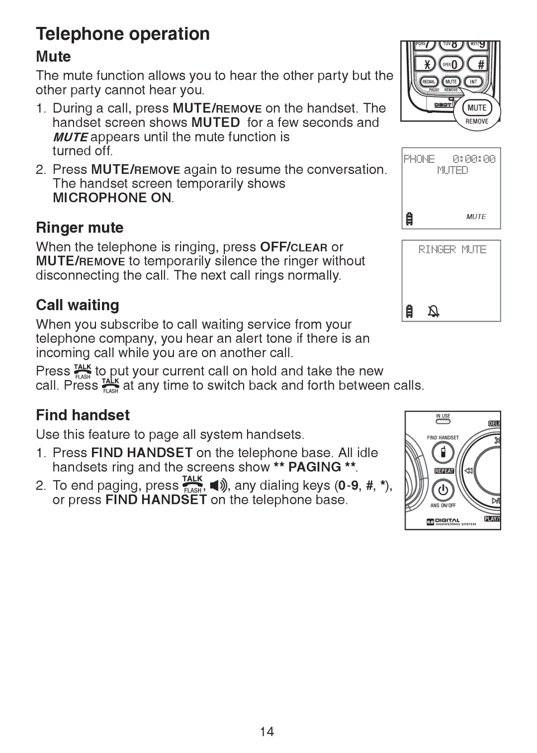 VTech DS6222-5, DS221-2, DS221-3, DS6221-5, DS6222-4, DS6221-4 user manual Mute, Ringer mute, Call waiting, Find handset 