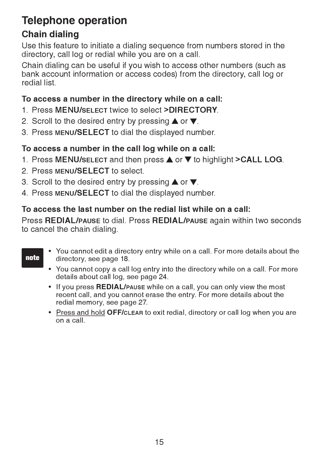 VTech DS221-2, DS221-3, DS6221-5, DS6222-4, DS6222-5 Chain dialing, To access a number in the directory while on a call 