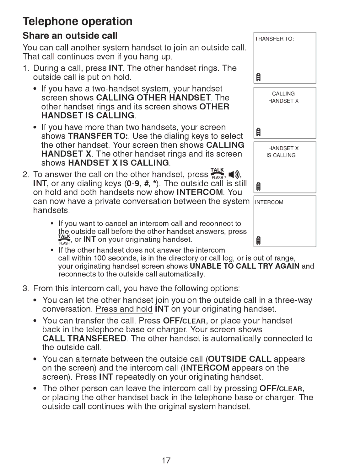 VTech DS221-2, DS221-3, DS6221-5 Share an outside call, Screen shows Calling Other HANDSET, Shows Handset X is Calling 