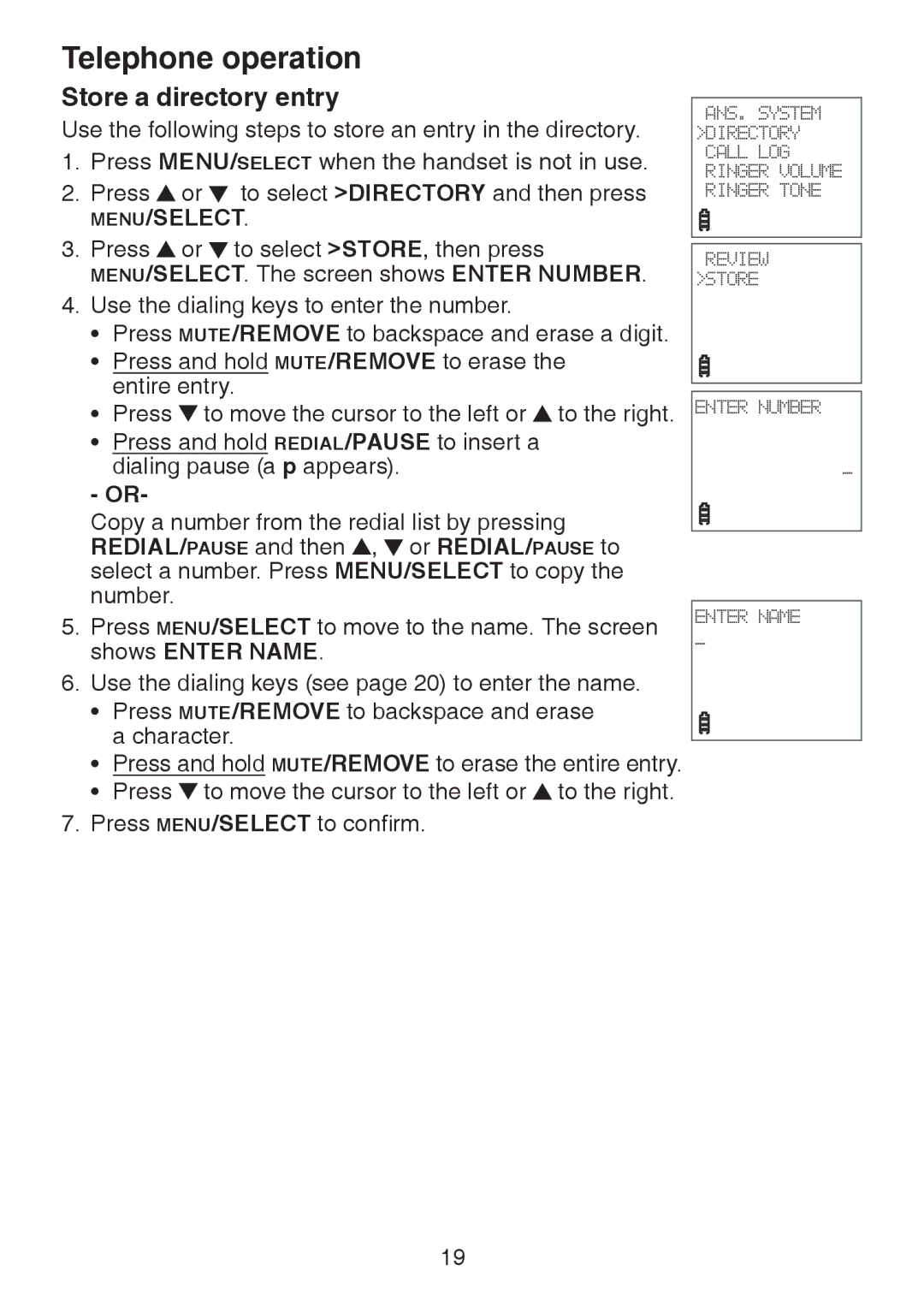 VTech DS6221-5, DS221-2, DS221-3, DS6222-4, DS6222-5, DS6221-4 user manual Store a directory entry, Shows Enter Name 