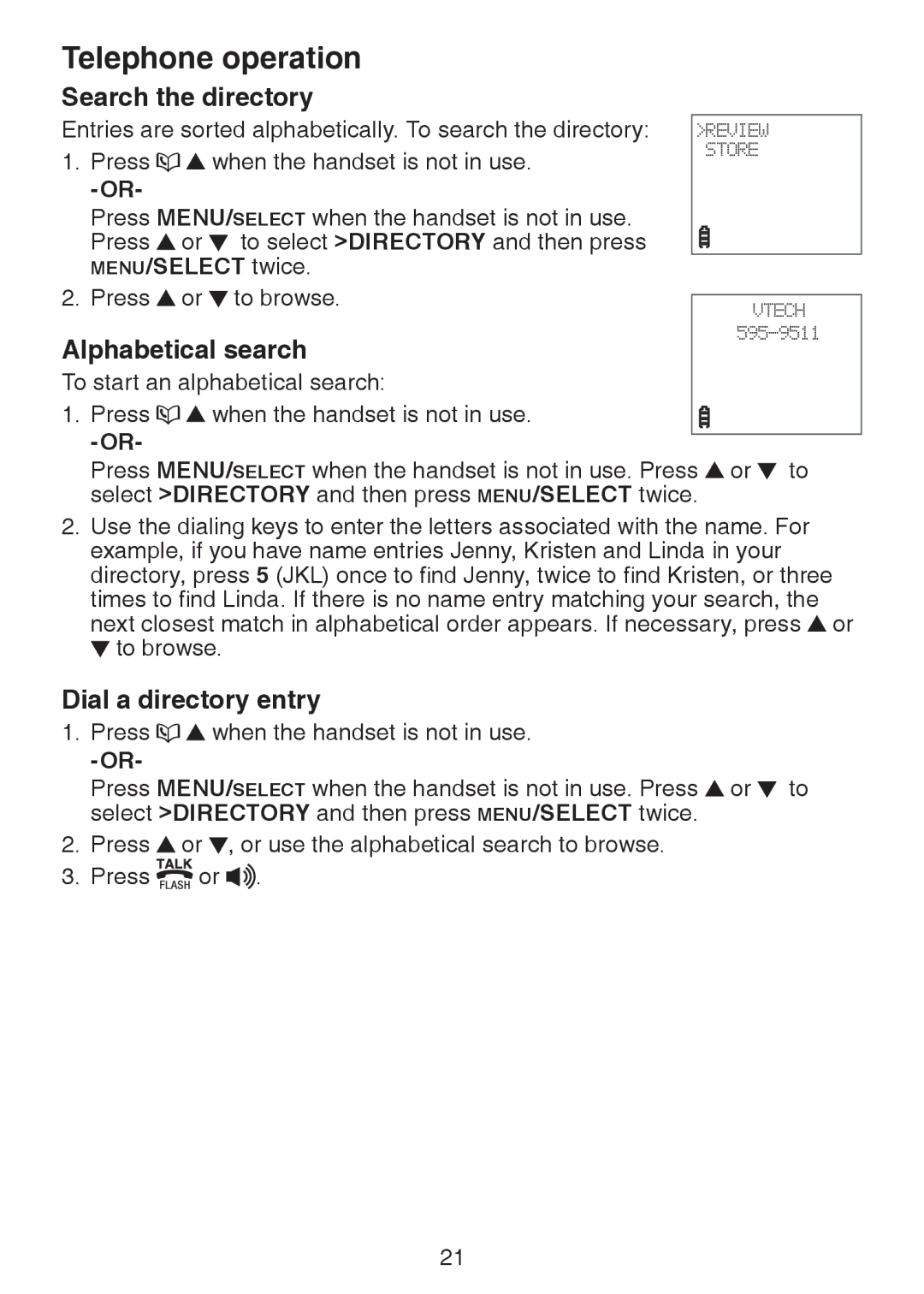 VTech DS6222-5, DS221-2, DS221-3, DS6221-5, DS6222-4 Search the directory, Alphabetical search, Dial a directory entry 