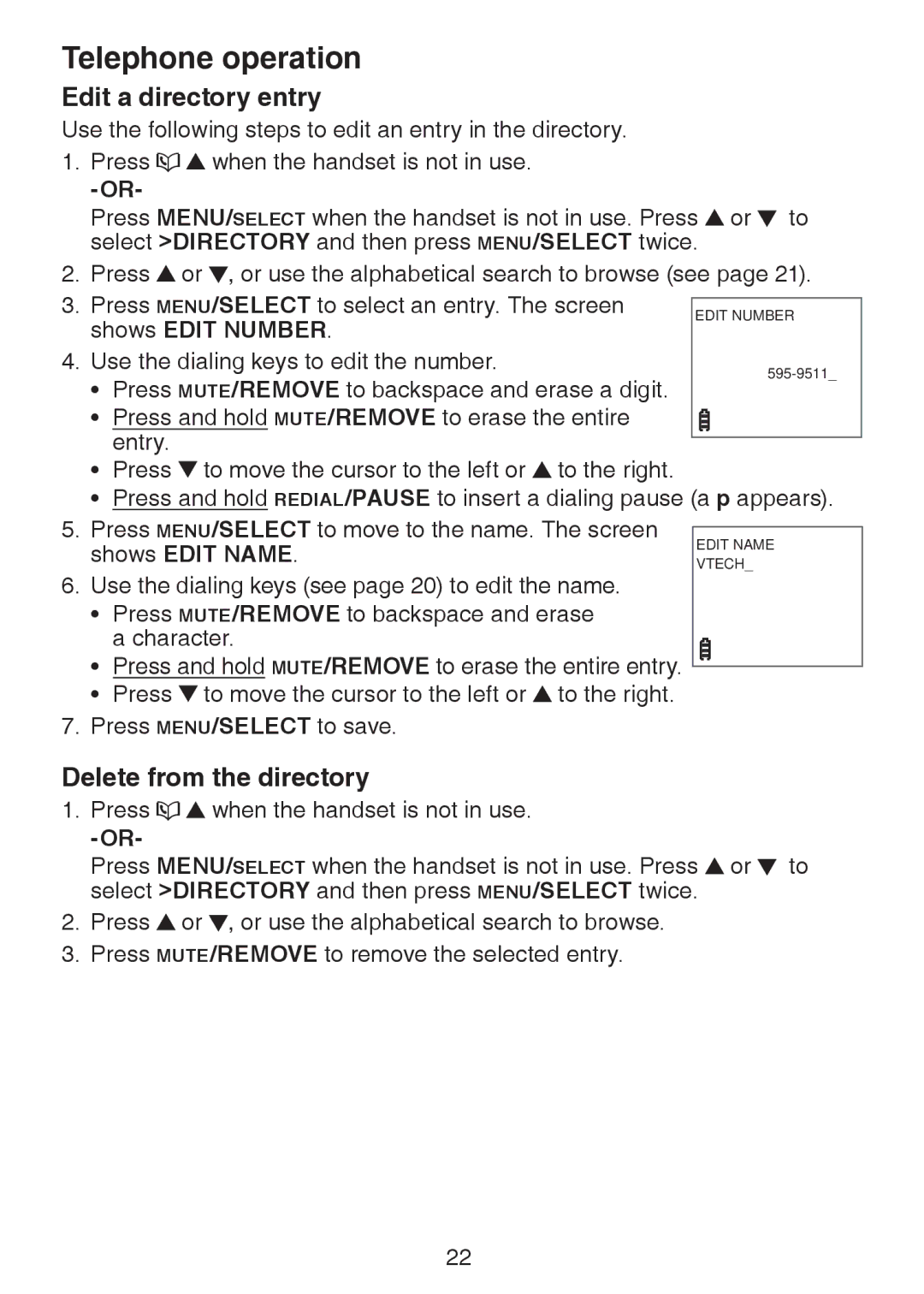 VTech DS221-2, DS221-3, DS6221-5, DS6222-4, DS6222-5 Edit a directory entry, Delete from the directory, Shows Edit Number 