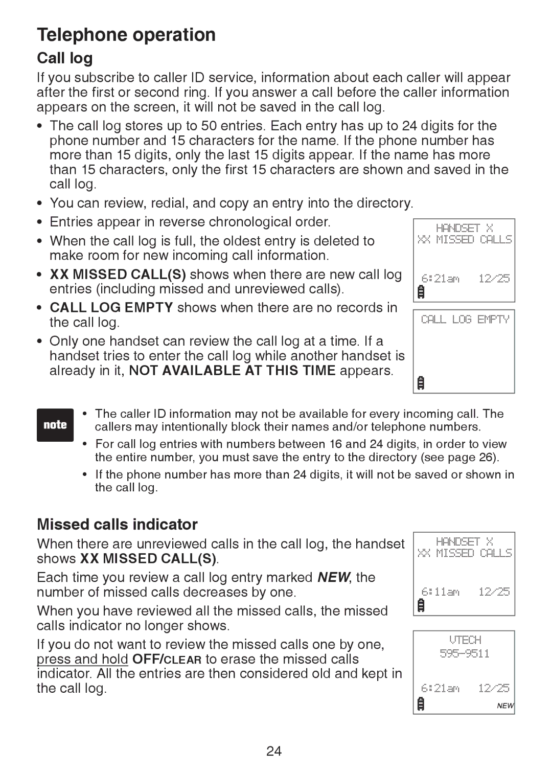 VTech DS221-2, DS221-3, DS6221-5, DS6222-4, DS6222-5, DS6221-4 user manual Call log, Missed calls indicator 