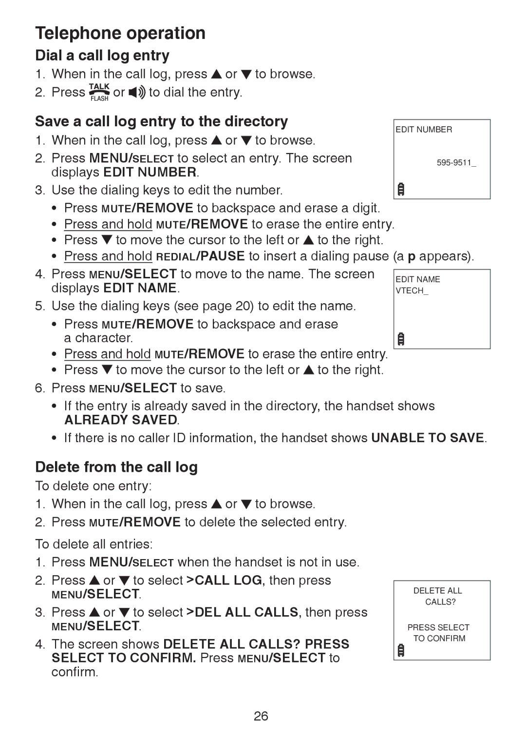 VTech DS6221-5, DS221-2, DS221-3 Dial a call log entry, Save a call log entry to the directory, Delete from the call log 