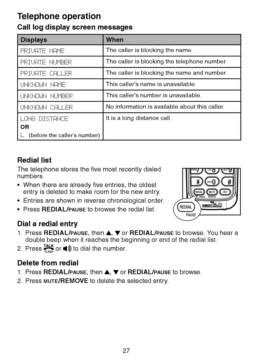 VTech DS6222-4 Call log display screen messages, Redial list, Dial a redial entry, Delete from redial, Displays When 