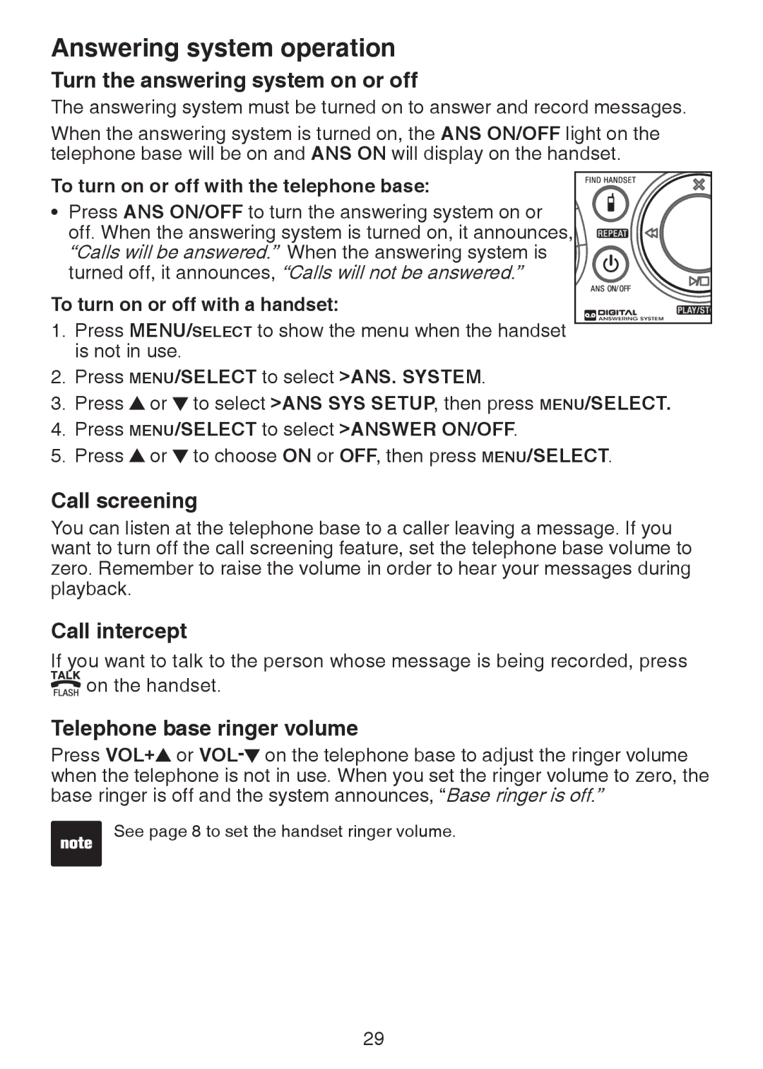 VTech DS6221, DS221-2 Turn the answering system on or off, Call screening, Call intercept, Telephone base ringer volume 