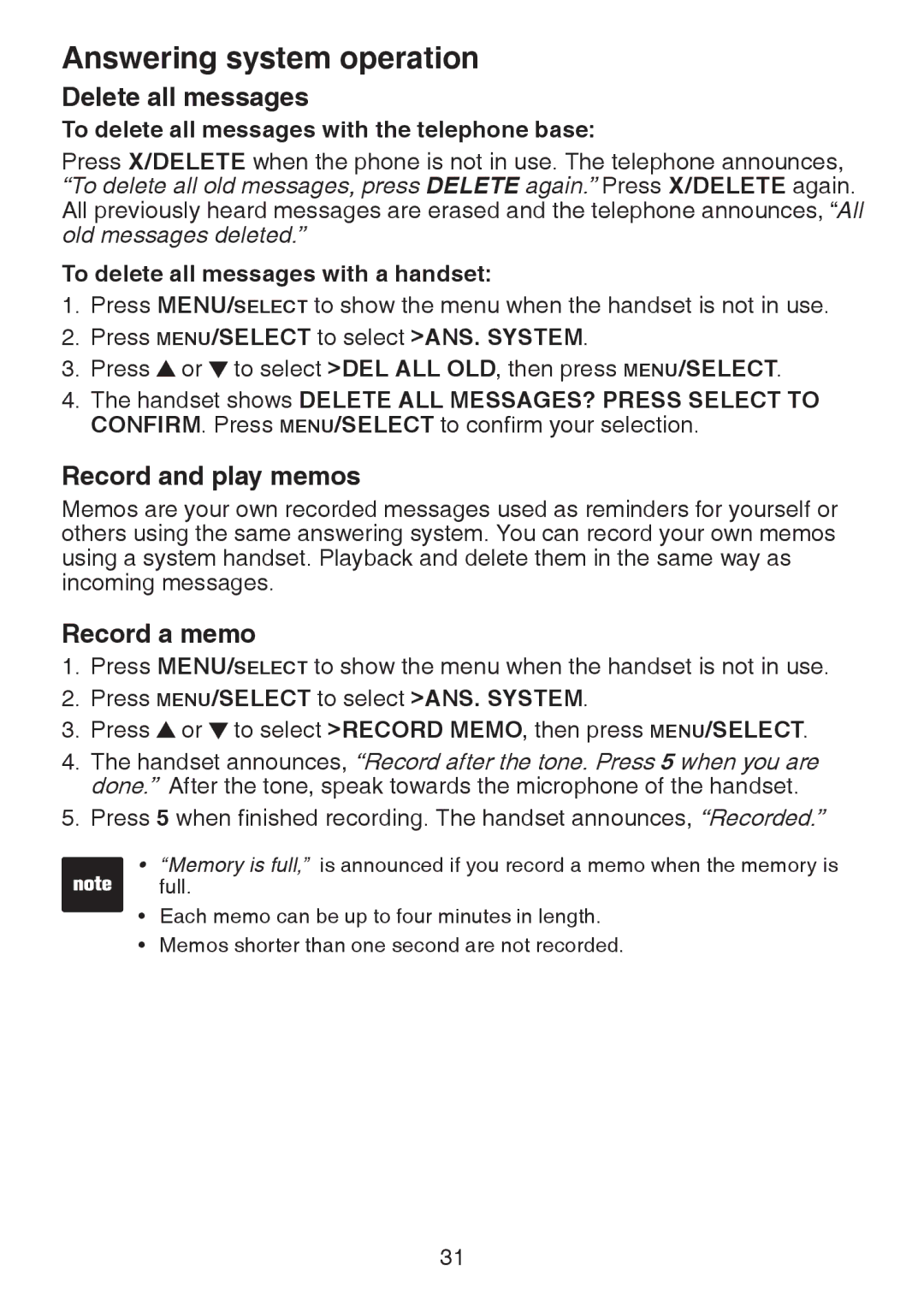 VTech DS221-2 Delete all messages, Record and play memos, Record a memo, To delete all messages with the telephone base 