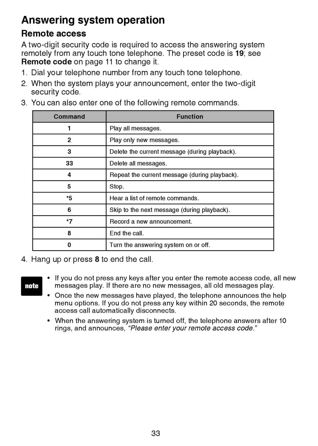 VTech DS6221-5, DS221-2, DS221-3, DS6222-4, DS6222-5, DS6221-4 user manual Remote access, Command 