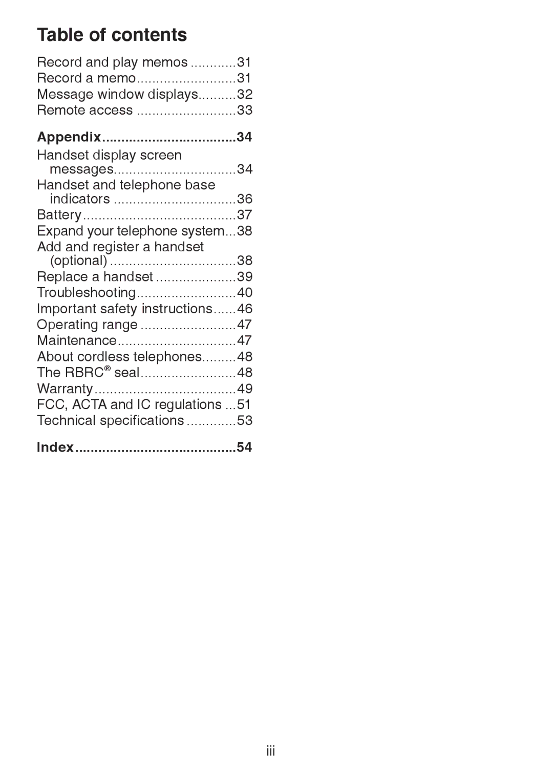 VTech DS6222-5, DS221-2, DS221-3, DS6221-5, DS6222-4, DS6221-4 user manual Appendix, Index 