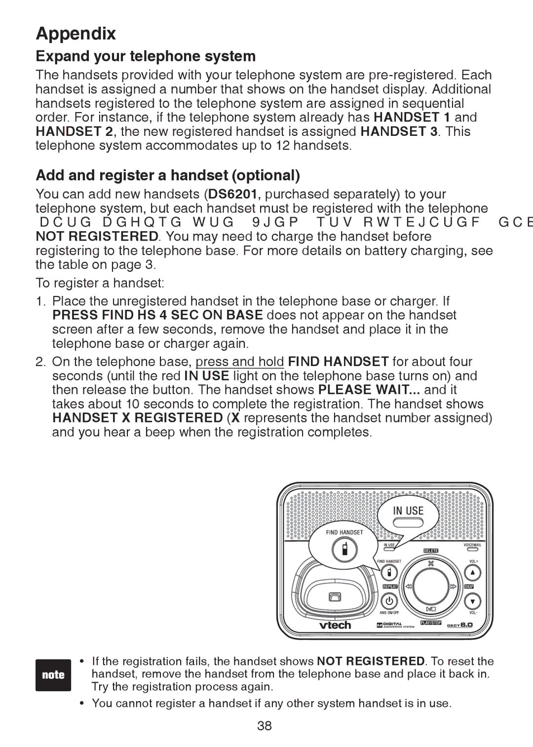 VTech DS221-2, DS221-3, DS6221-5, DS6222-4, DS6222-5 Expand your telephone system, Add and register a handset optional 