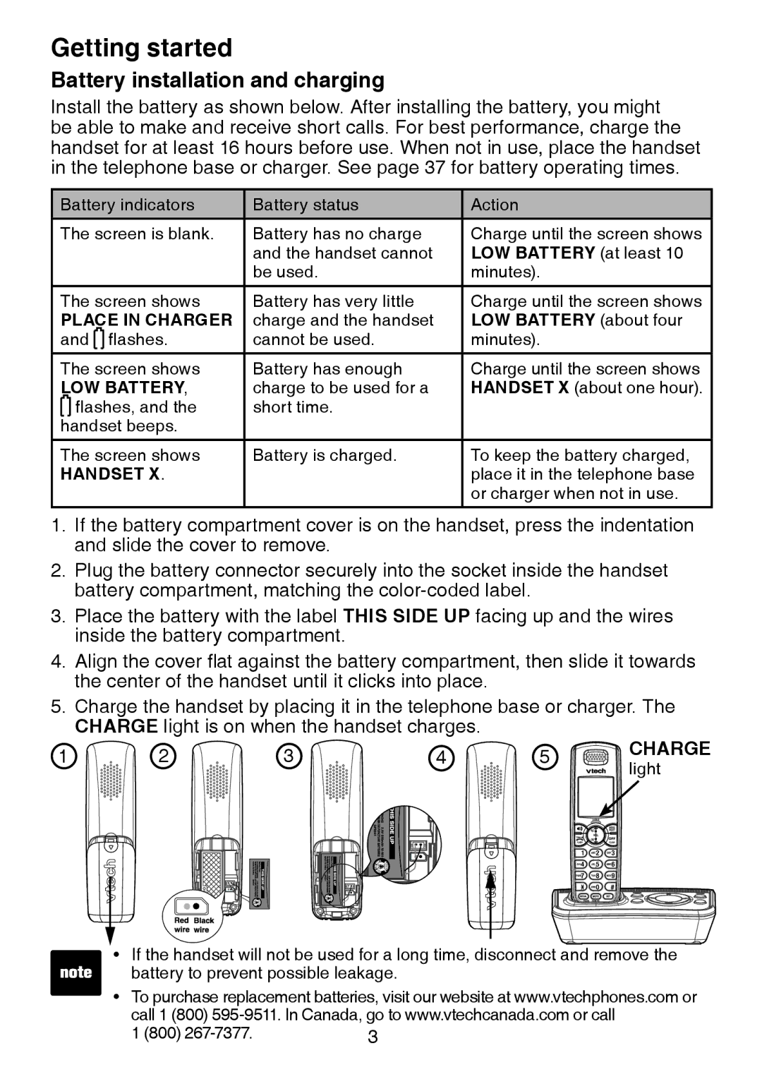 VTech DS221-2, DS221-3, DS6221-5, DS6222-4, DS6222-5, DS6221-4 user manual Battery installation and charging, Place in Charger 