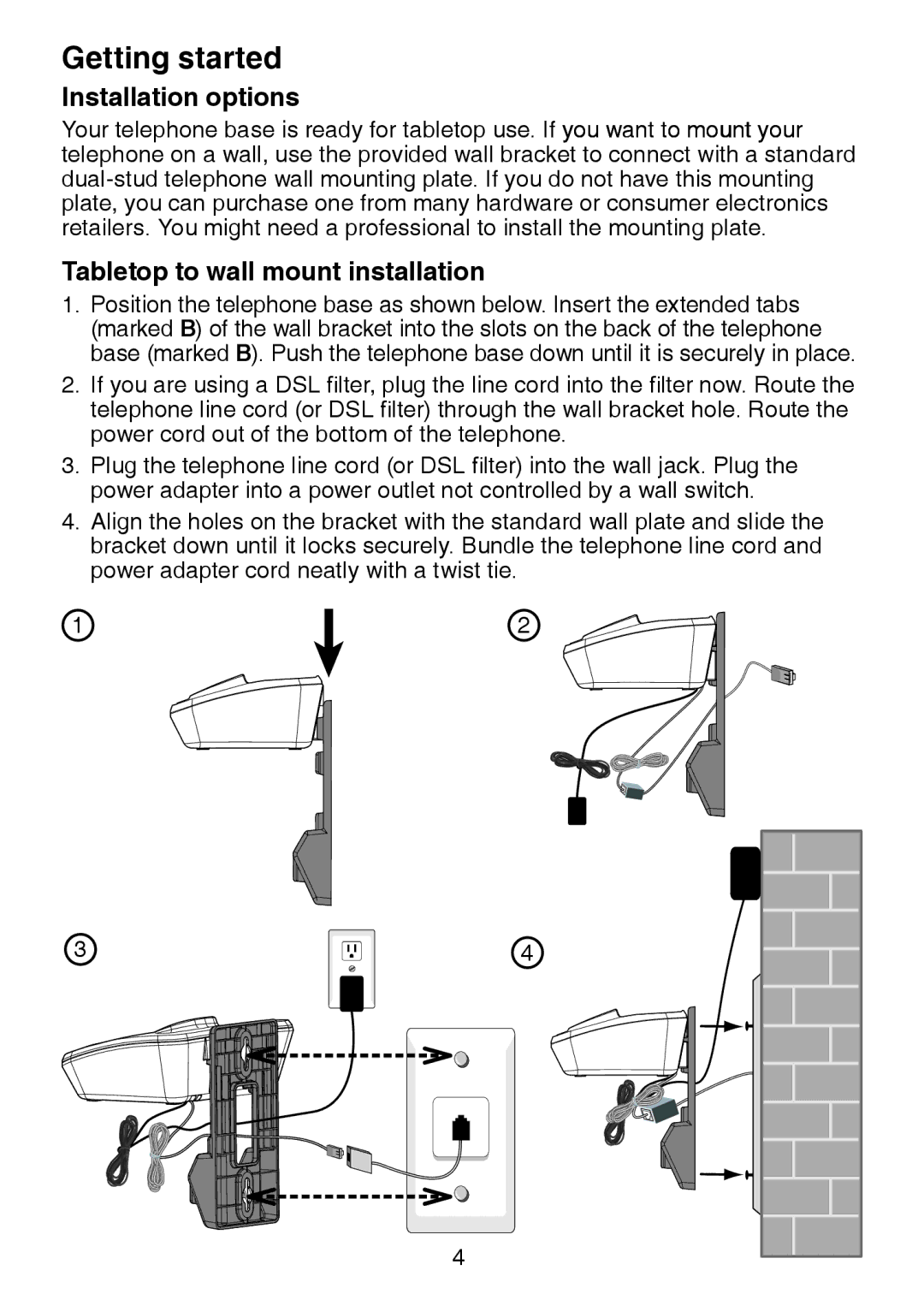 VTech DS221-3, DS221-2, DS6221-5, DS6222-4, DS6222-5, DS6221-4 Installation options, Tabletop to wall mount installation 