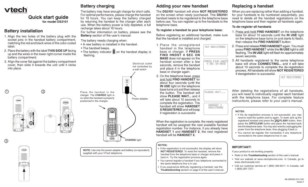 VTech DS3101 quick start Battery installation, Battery charging, Adding your new handset, Replacing a handset 