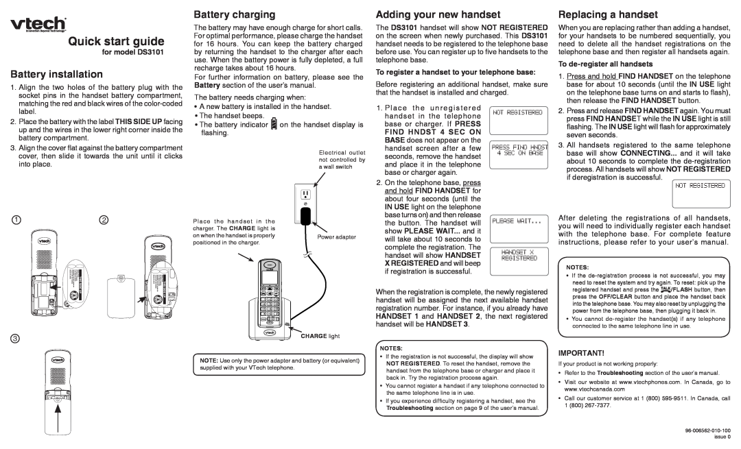 VTech DS3101 quick start Quick start guide, Battery installation, Battery charging, Adding your new handset 