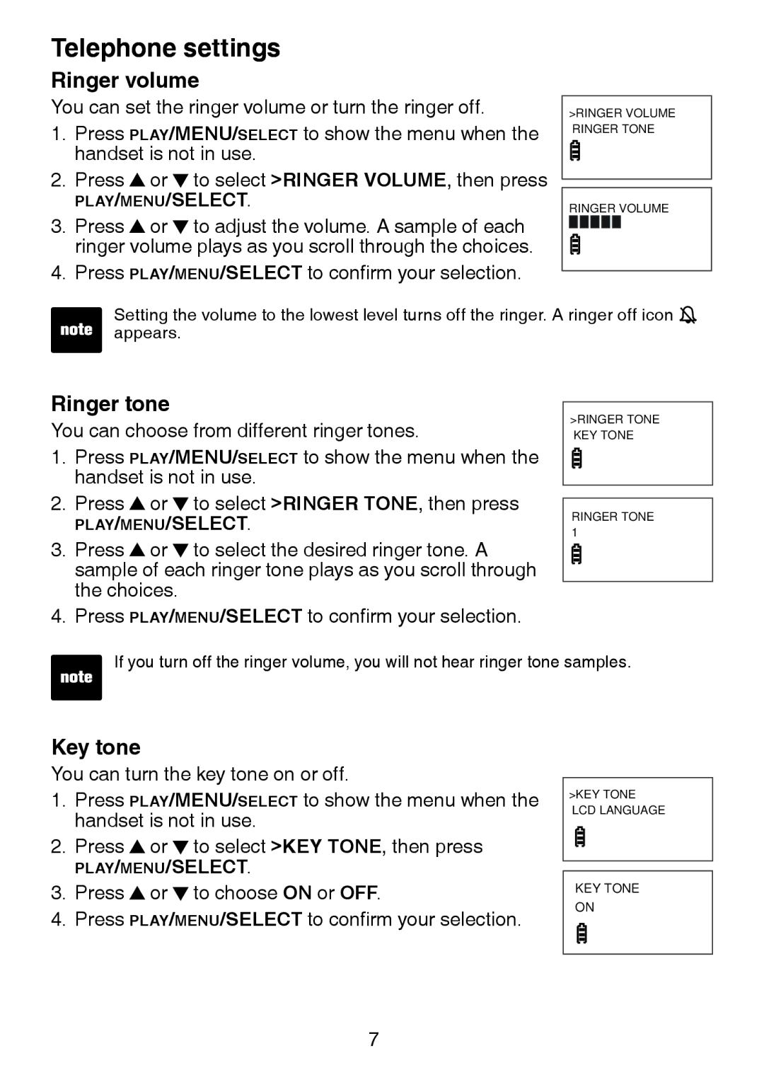 VTech DS3211-2 user manual Ringer volume, Ringer tone, Key tone 