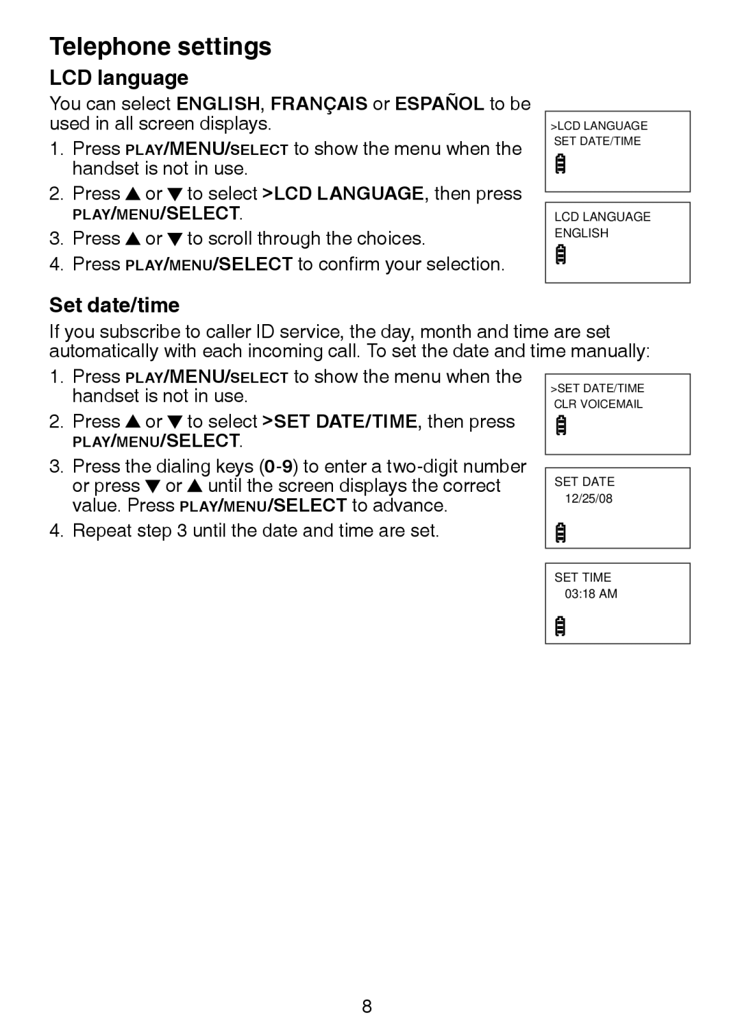 VTech DS3211-2 user manual LCD language, Set date/time 