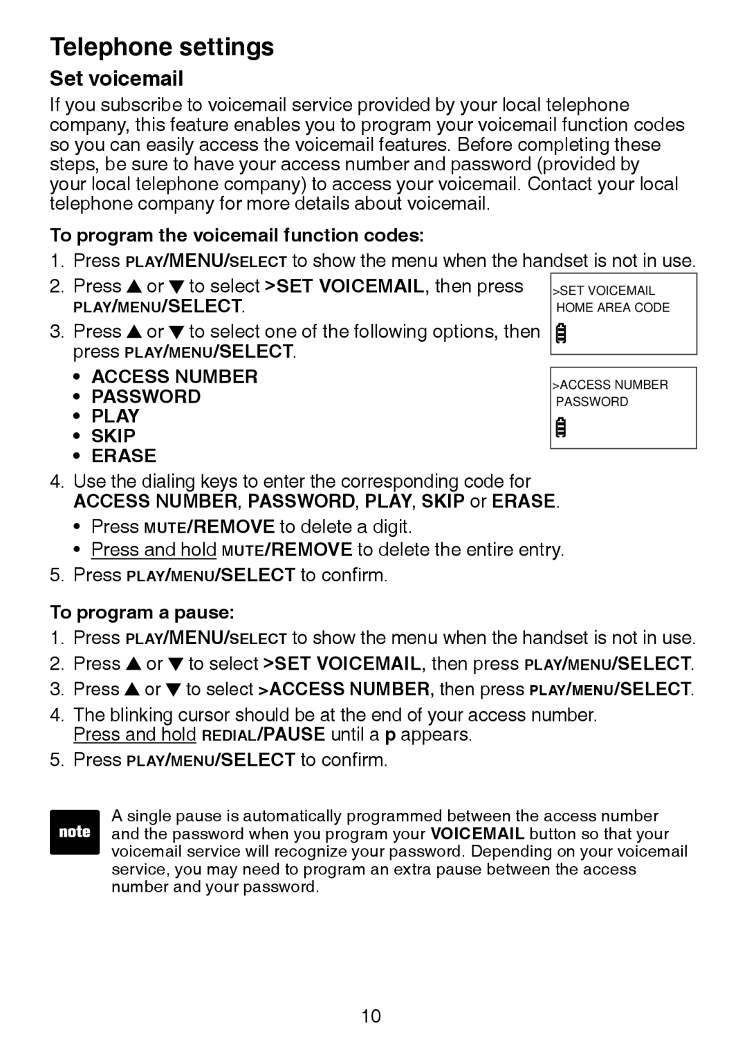 VTech DS3211-2 user manual Set voicemail, To program the voicemail function codes, To program a pause 