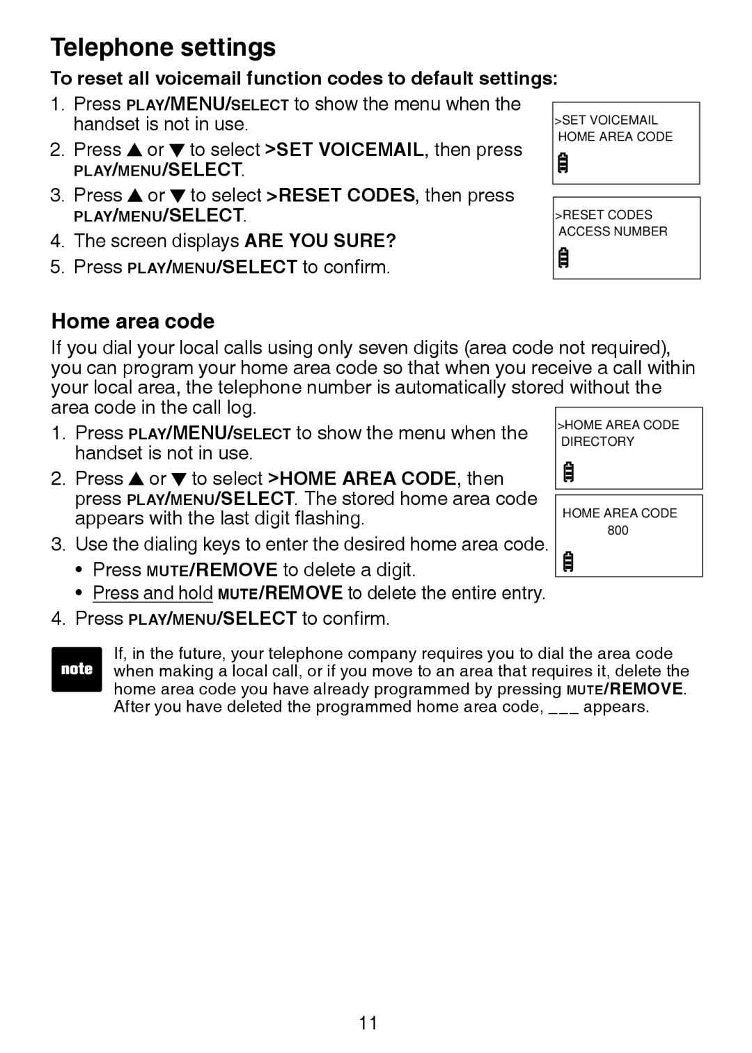 VTech DS3211-2 user manual Home area code, To reset all voicemail function codes to default settings 