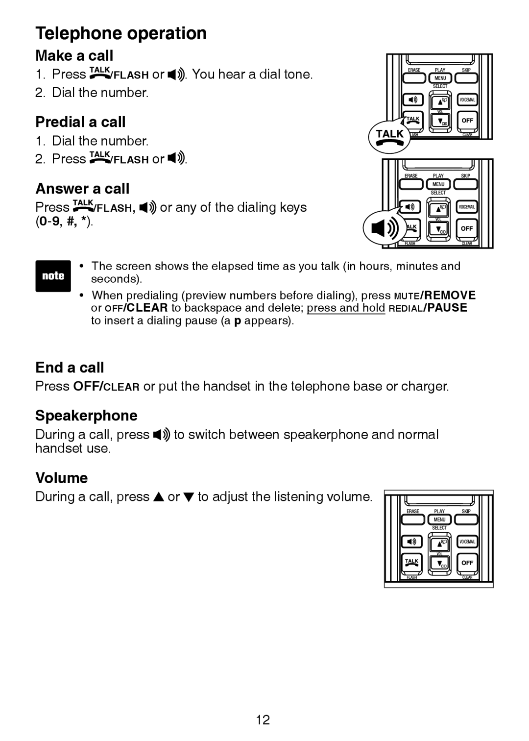 VTech DS3211-2 user manual Make a call, Predial a call, Answer a call, End a call, Speakerphone, Volume 