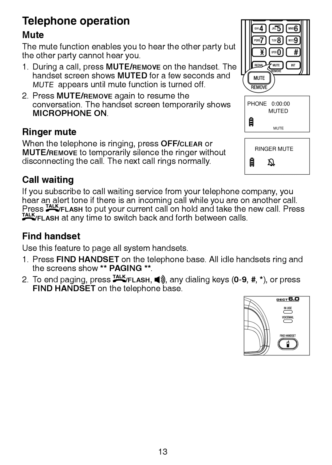 VTech DS3211-2 user manual Mute, Ringer mute, Call waiting, Find handset 