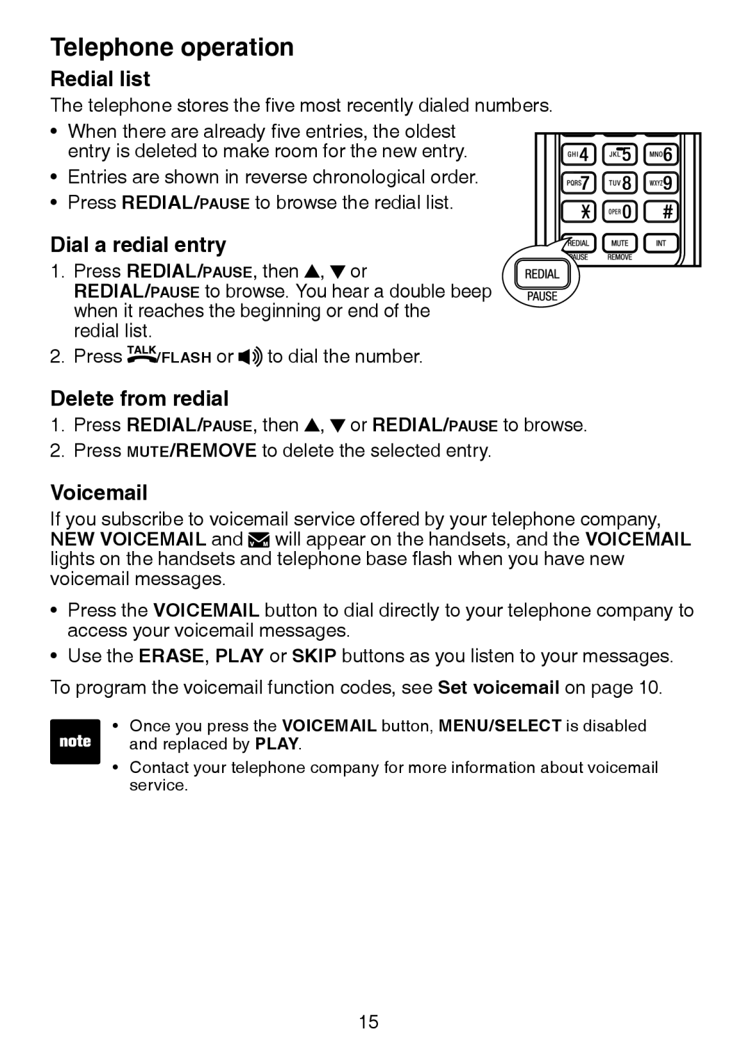 VTech DS3211-2 user manual Redial list, Dial a redial entry, Delete from redial, Voicemail 