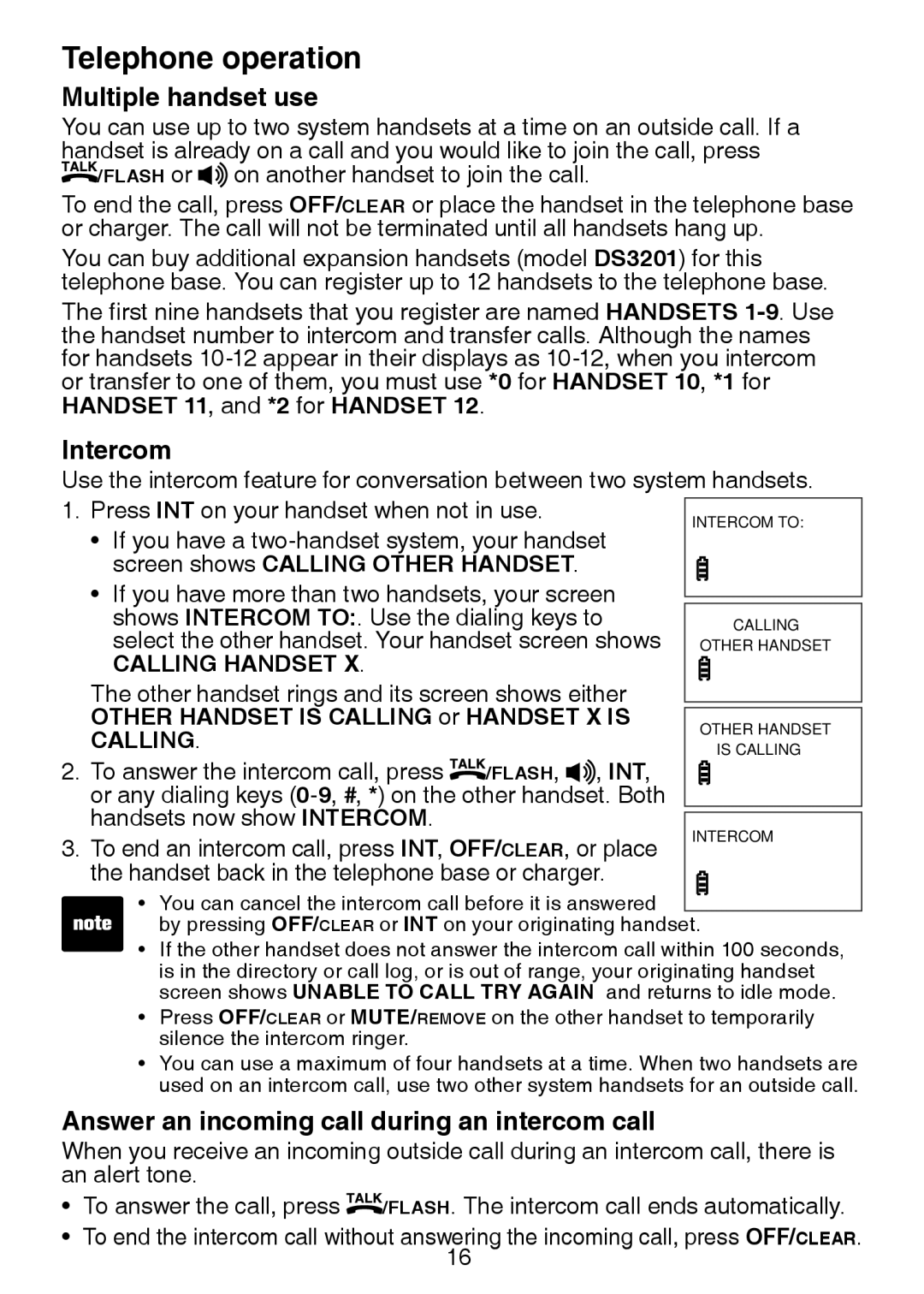 VTech DS3211-2 user manual Multiple handset use, Intercom, Answer an incoming call during an intercom call 