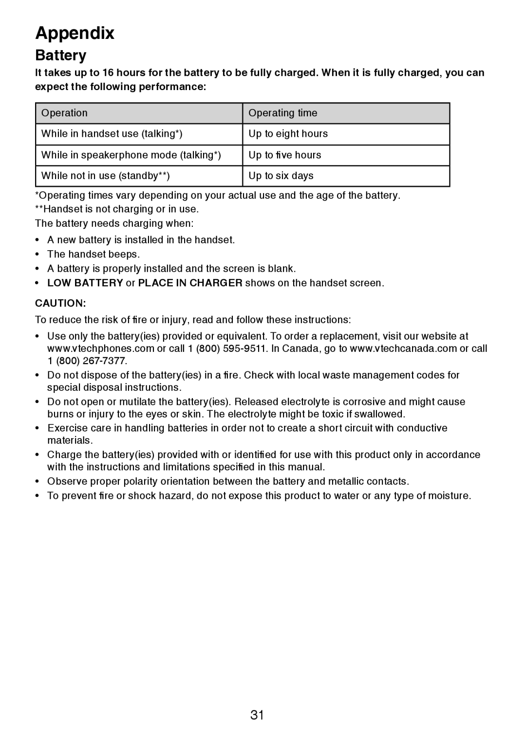 VTech DS3211-2 user manual Battery 