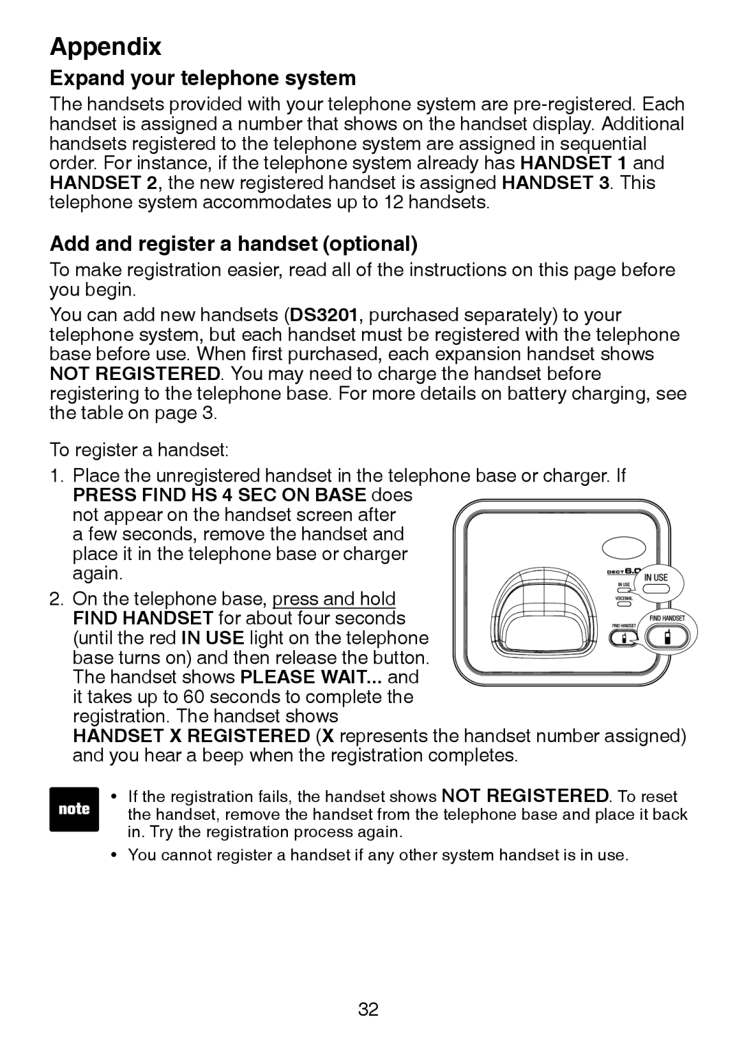 VTech DS3211-2 user manual Expand your telephone system, Add and register a handset optional 