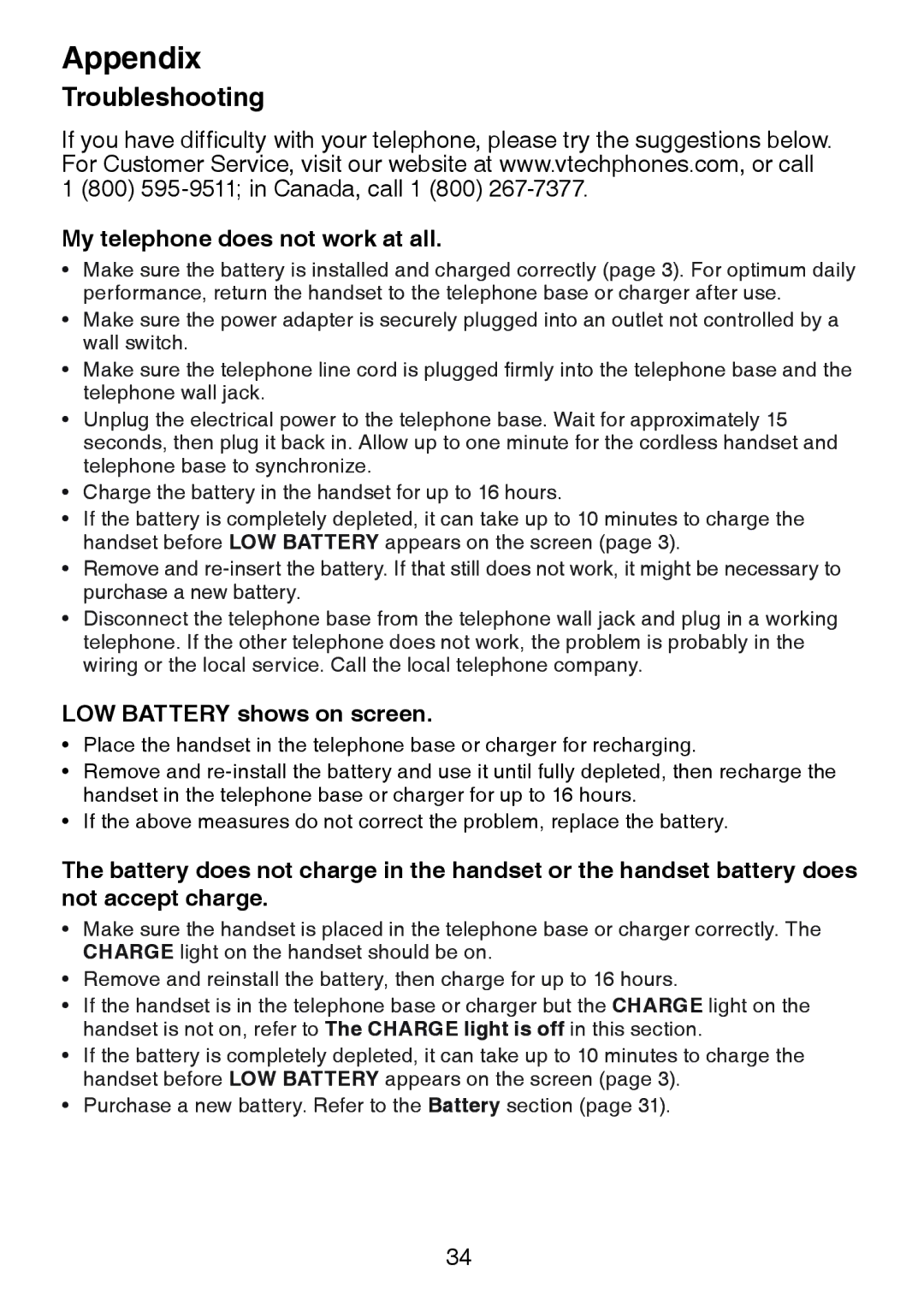 VTech DS3211-2 user manual Troubleshooting, My telephone does not work at all, Low Battery shows on screen 